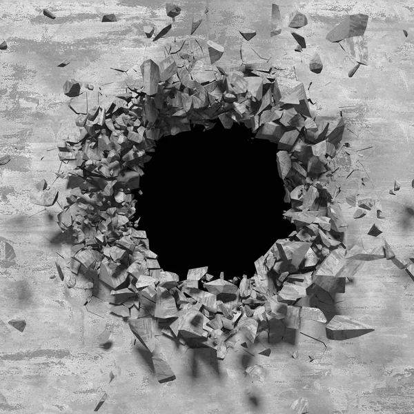 Patlama, beton duvardaki kurşun deliği tahribatı. Duvarda çatlak bir delik var. Grunge 'un geçmişi. 3d resimleme