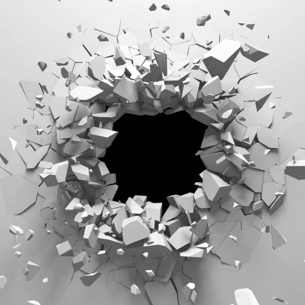 Exploding Wall Free Area Center Dark Destruction Cracked Hole White — Stock Photo, Image