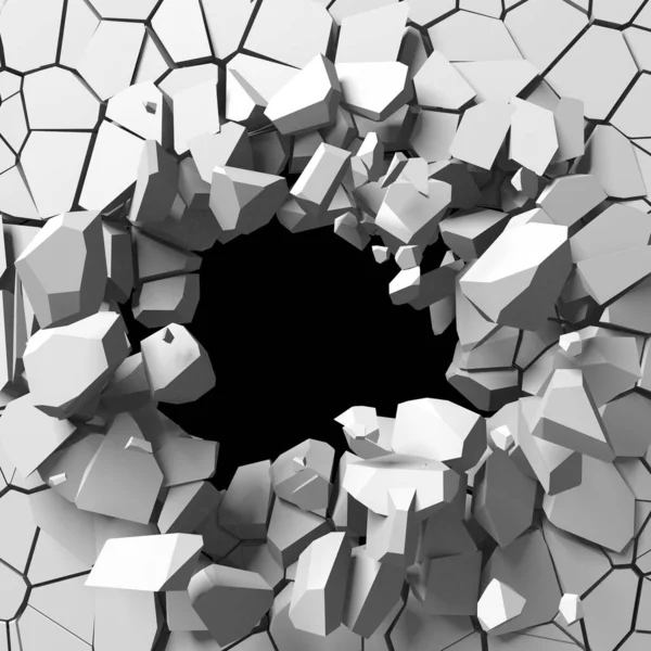 中央にフリーエリアで壁を爆発させます 暗い破壊は白い石の壁に穴を割った 3Dレンダリング図 — ストック写真