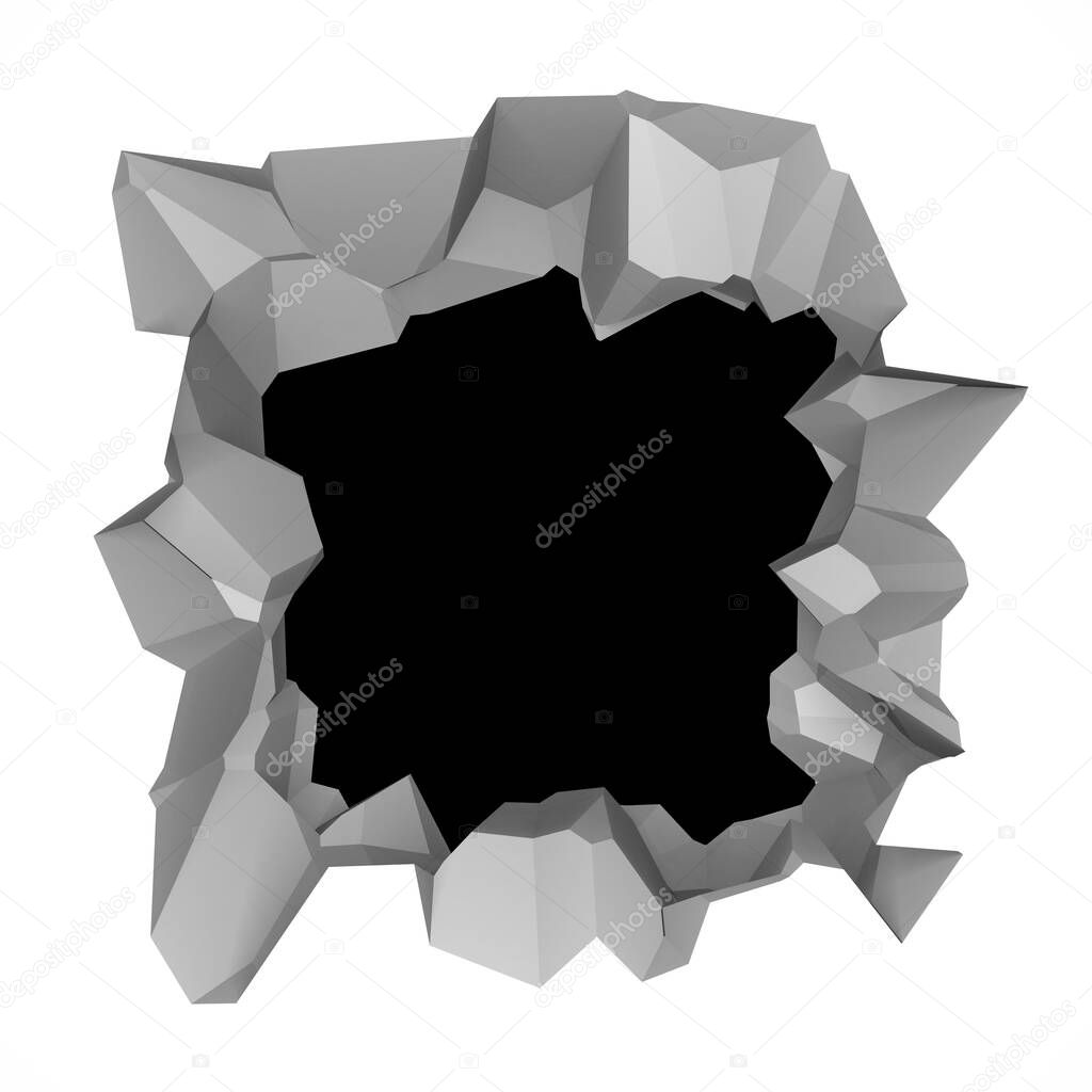 Broken white wall with a hole in the center. Cracked surface. 3d render illustration