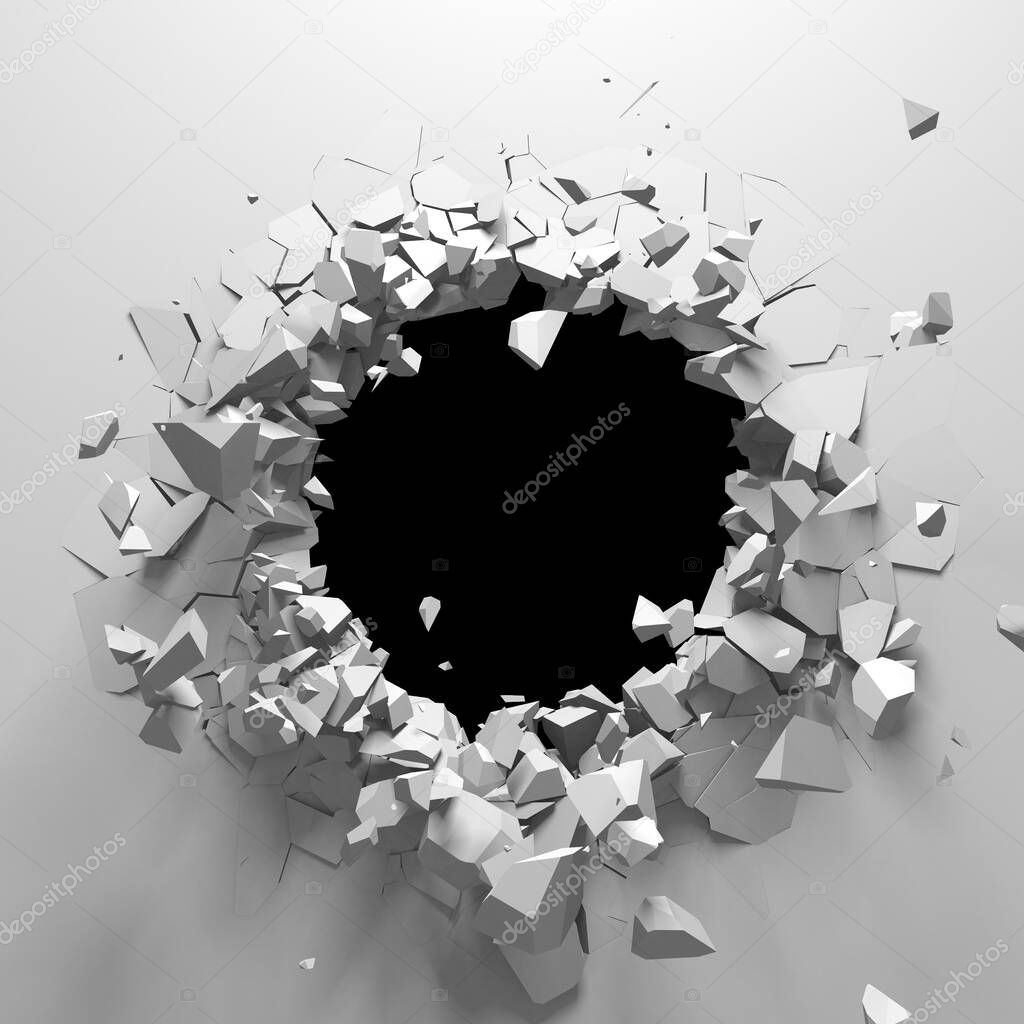 Exploding wall with free area on center. Dark destruction cracked hole in white stone wall. 3d render illustration