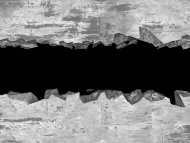 Patlama, beton duvardaki kurşun deliği tahribatı. Duvarda çatlak bir delik var. Grunge 'un geçmişi. 3d resimleme