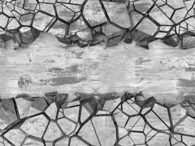 Patlama, beton duvardaki kurşun deliği tahribatı. Duvarda çatlak bir delik var. Grunge 'un geçmişi. 3d resimleme