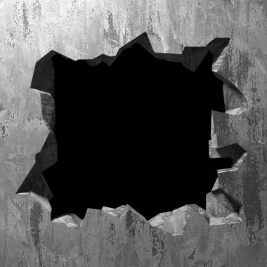 Patlama, beton duvardaki kurşun deliği tahribatı. Duvarda çatlak bir delik var. Grunge 'un geçmişi. 3d resimleme