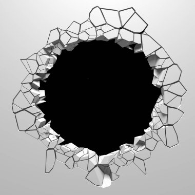 Ortasında bir delik olan kırık bir beyaz duvar. Çatlak yüzey. 3d resimleme
