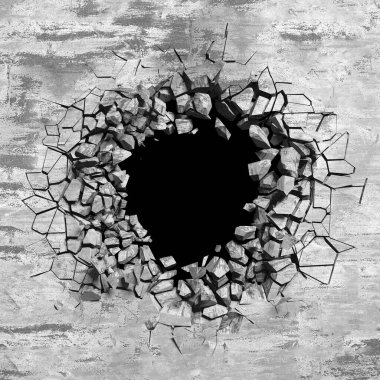Patlama, beton duvardaki kurşun deliği tahribatı. Duvarda çatlak bir delik var. Grunge 'un geçmişi. 3d resimleme