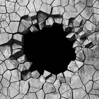 Patlama, beton duvardaki kurşun deliği tahribatı. Duvarda çatlak bir delik var. Grunge 'un geçmişi. 3d resimleme