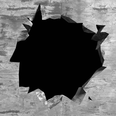 Patlama, beton duvardaki kurşun deliği tahribatı. Duvarda çatlak bir delik var. Grunge 'un geçmişi. 3d resimleme