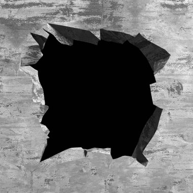 Patlama, beton duvardaki kurşun deliği tahribatı. Duvarda çatlak bir delik var. Grunge 'un geçmişi. 3d resimleme