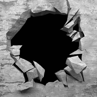 Patlama, beton duvardaki kurşun deliği tahribatı. Duvarda çatlak bir delik var. Grunge 'un geçmişi. 3d resimleme