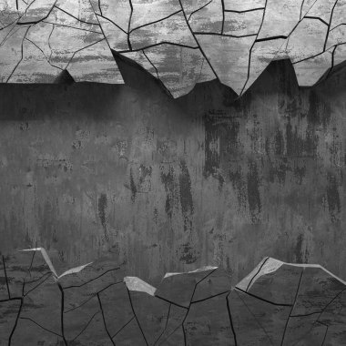 Patlama, beton duvardaki kurşun deliği tahribatı. Duvarda çatlak bir delik var. Grunge 'un geçmişi. 3d resimleme