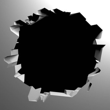 Ortasında bir delik olan kırık bir beyaz duvar. Çatlak yüzey. 3d resimleme