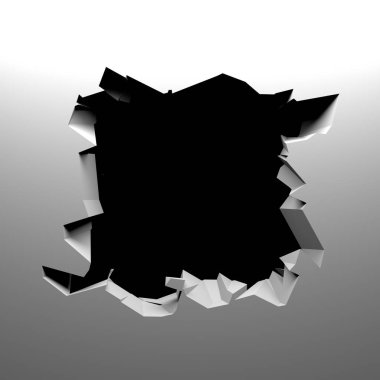 Ortasında serbest alan olan bir patlayıcı duvar. Kara yıkım, beyaz taş duvarda delik açtı. 3d resimleme