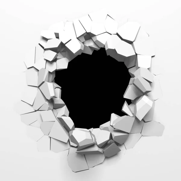 Exploding Wall Free Area Center Dark Destruction Cracked Hole White — Stock Photo, Image
