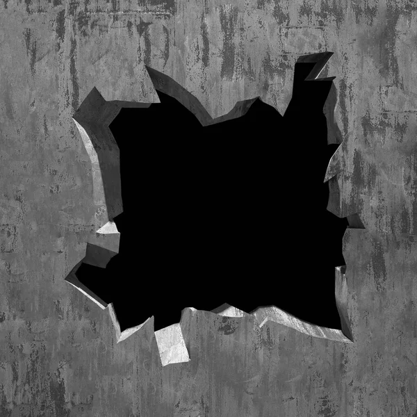 Explosie Gebroken Betonnen Muur Kogelgat Vernietiging Donker Gat Muur Grunge — Stockfoto