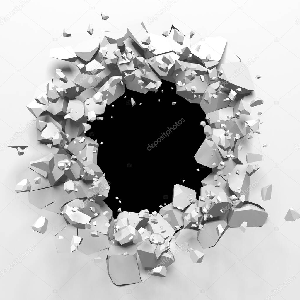 Broken white wall with a hole in the center. Cracked surface. 3d render illustration