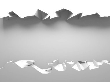 Ortasında bir delik olan kırık bir beyaz duvar. Çatlak yüzey. 3d resimleme