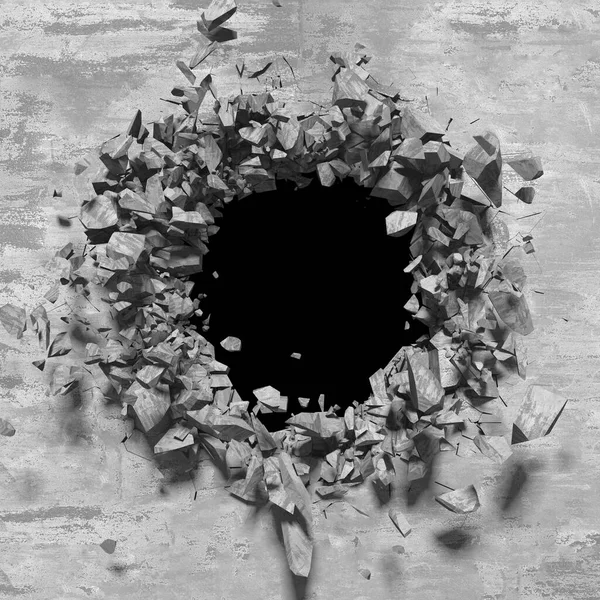 Explosion Broken Concrete Wall Bullet Hole Destruction Dark Cracked Hole — Stock Photo, Image