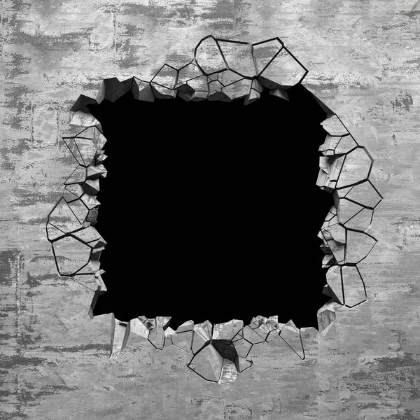 コンクリートの壁に穴が割れた グランジの背景 3Dレンダリング図 — ストック写真