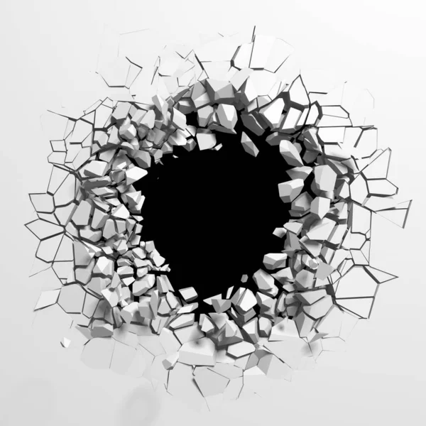 中央にフリーエリアで壁を爆発させます 暗い破壊は白い石の壁に穴を割った 3Dレンダリング図 — ストック写真