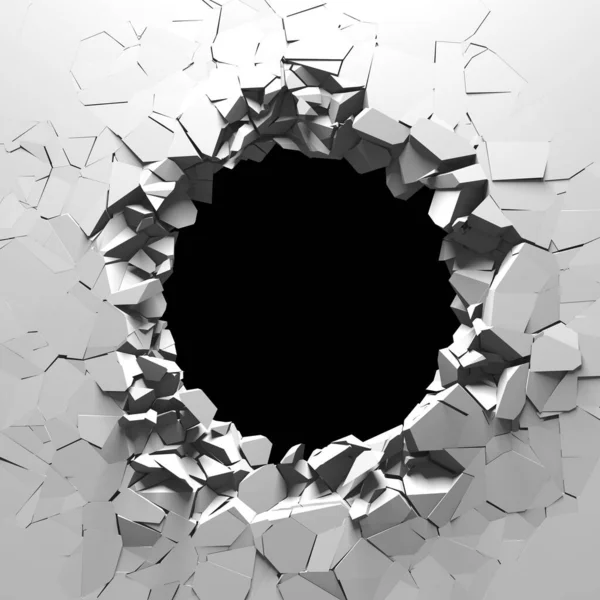 Exploding Wall Free Area Center Dark Destruction Cracked Hole White — Stock Photo, Image