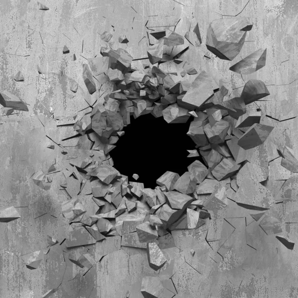 Explosion Broken Concrete Wall Bullet Hole Destruction Dark Cracked Hole — Stock Photo, Image