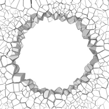 Ortasında serbest alan olan bir patlayıcı duvar. Kara yıkım, beyaz taş duvarda delik açtı. 3d resimleme