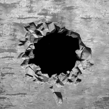 Patlama, beton duvardaki kurşun deliği tahribatı. Duvarda çatlak bir delik var. Grunge 'un geçmişi. 3d resimleme