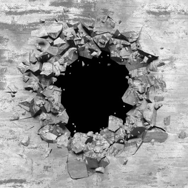 Patlama, beton duvardaki kurşun deliği tahribatı. Duvarda çatlak bir delik var. Grunge 'un geçmişi. 3d resimleme