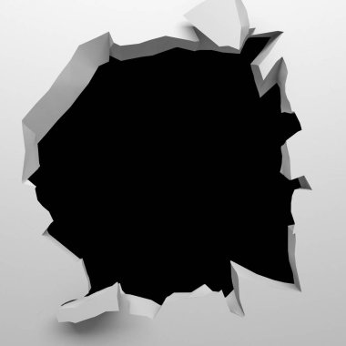Ortasında bir delik olan kırık bir beyaz duvar. Çatlak yüzey. 3d resimleme