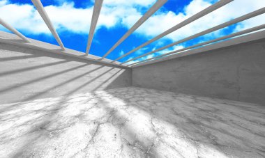 Bulutlu arka planda beton duvar inşaatı. Soyut mimari tasarım konsepti. 3d hazırlayıcı