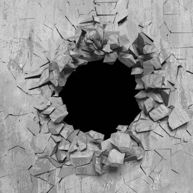 Patlama, beton duvardaki kurşun deliği tahribatı. Duvarda çatlak bir delik var. Grunge 'un geçmişi. 3d resimleme