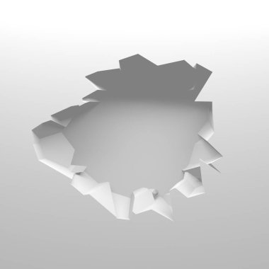 Ortasında bir delik olan kırık bir beyaz duvar. Çatlak yüzey. 3d resimleme