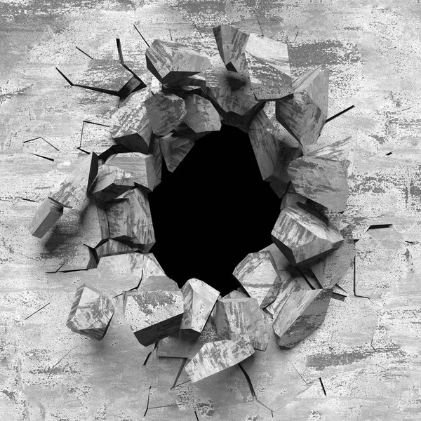 Esplosione Rotto Muro Cemento Distruzione Foro Proiettile Buco Scuro Incrinato — Foto Stock