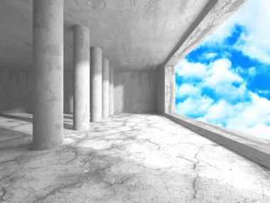 Bulutlu arka planda beton duvar inşaatı. Soyut mimari tasarım konsepti. 3d hazırlayıcı