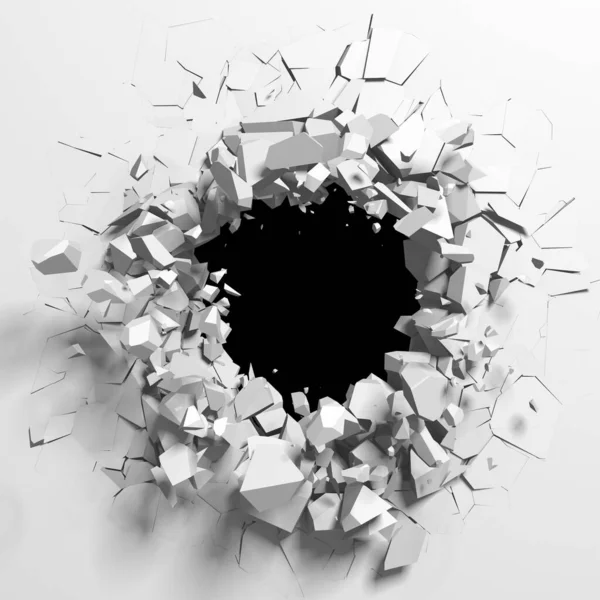 Exploding wall with free area on center. Dark destruction cracked hole in white stone wall. 3d render illustration