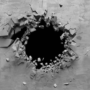 Patlama, beton duvardaki kurşun deliği tahribatı. Duvarda çatlak bir delik var. Grunge 'un geçmişi. 3d resimleme