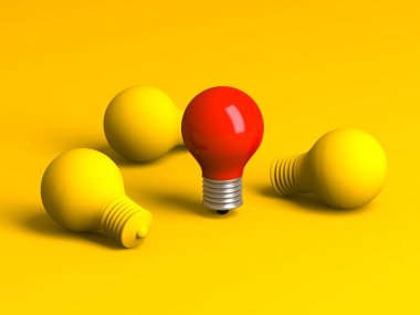 Farklı bir kırmızı ampul. Kalabalıktan çıkan bir ampul. 3d oluşturma