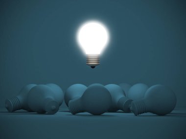 Kalabalığın arasında parlayan ampul. 3d oluşturma