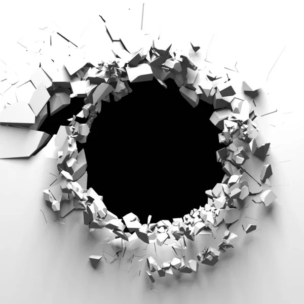 Exploding Wall Free Area Center Dark Destruction Cracked Hole White — Stock Photo, Image