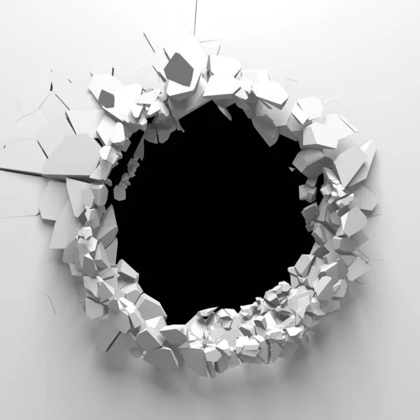 Exploding Wall Free Area Center Dark Destruction Cracked Hole White — Stock Photo, Image