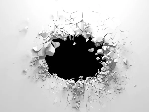 Exploding wall with free area on center. Dark destruction cracked hole in white stone wall. 3d render illustration