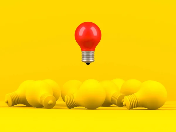 Different red bulb. One light bulb standing out from crowd. 3d rendering