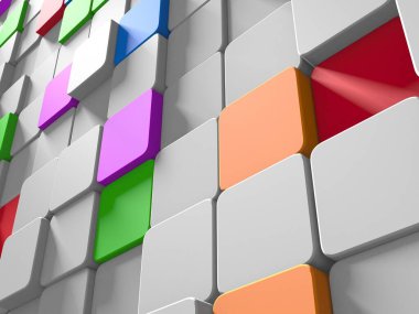 Renkli küpler kaotik inşaat geçmişini engelliyor. 3d hazırlayıcı