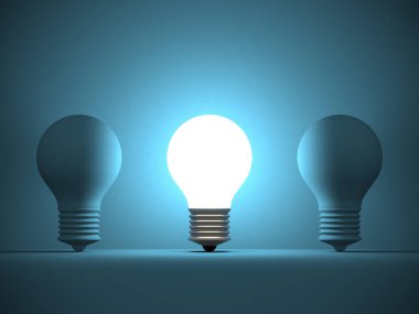 Kalabalığın arasında parlayan ampul. 3d oluşturma