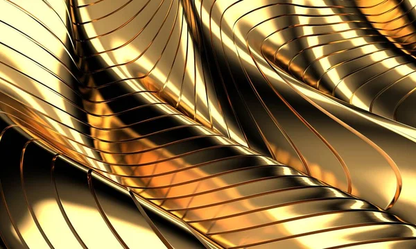 Gold Metal Background Waves Lines Rendering —  Fotos de Stock
