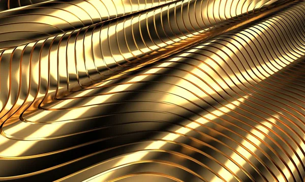 Gold Metal Background Waves Lines Rendering — 스톡 사진