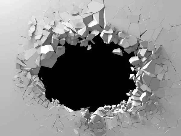 Exploding wall with free area on center. Dark destruction cracked hole in white stone wall. 3d render illustration