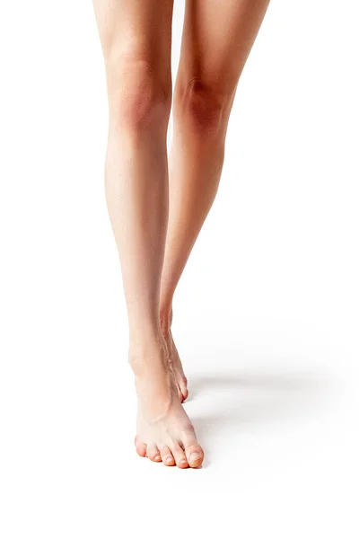 Long Pretty Woman Legs White Background Smooth Skin Healthy Bodycare — Stock fotografie