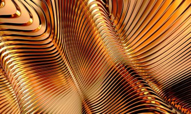 Gold stripes wavy bright background. Abstract luxurious wallpaper. 3d rendering
